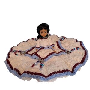 Doll with White and Burgundy Crocheted Dress